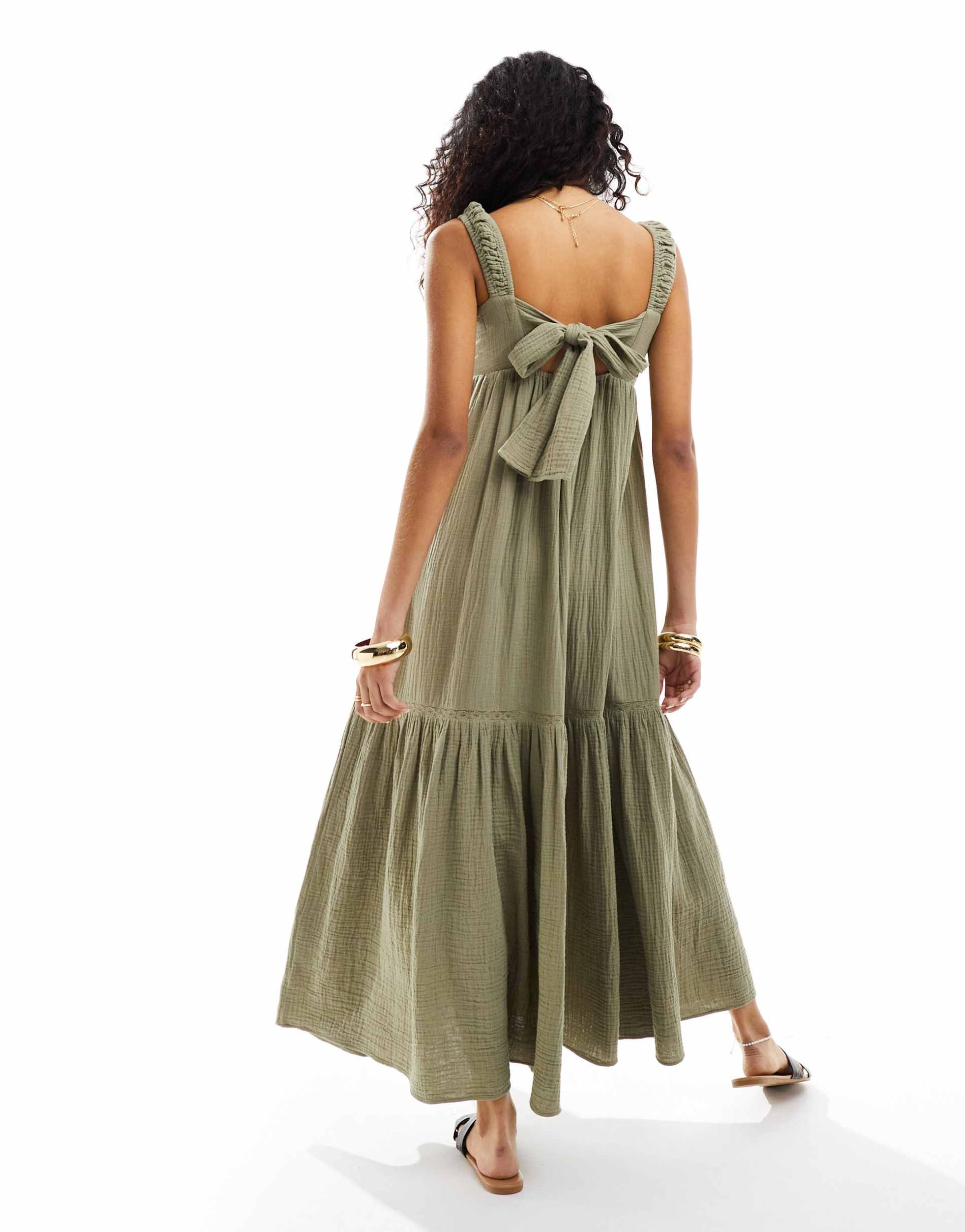 asos design double cloth shirred button up tie back maxi dress in sage