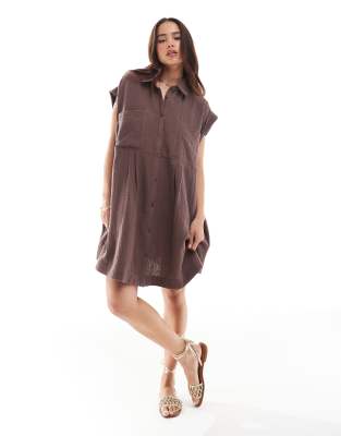 ASOS DESIGN double cloth sleeveless smock shirt dress in chocolate brown