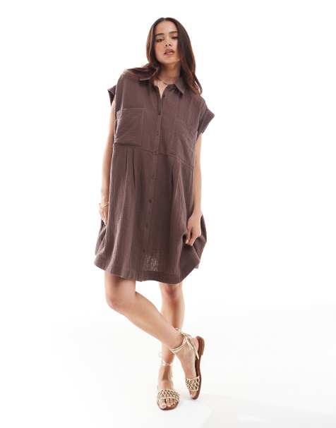 ASOS DESIGN double cloth sleeveless smock shirt dress in chocolate brown - view 1