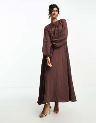 Asos Design Double Cloth Trapeze Maxi Dress In Chocolate-brown