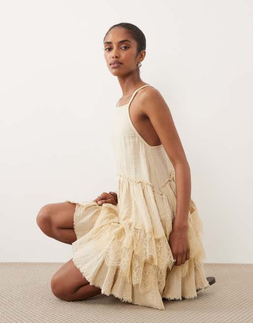 ASOS DESIGN double cloth washed mini sundress with distressed ruffles and lace panels in tea stained wash , 2 of 4