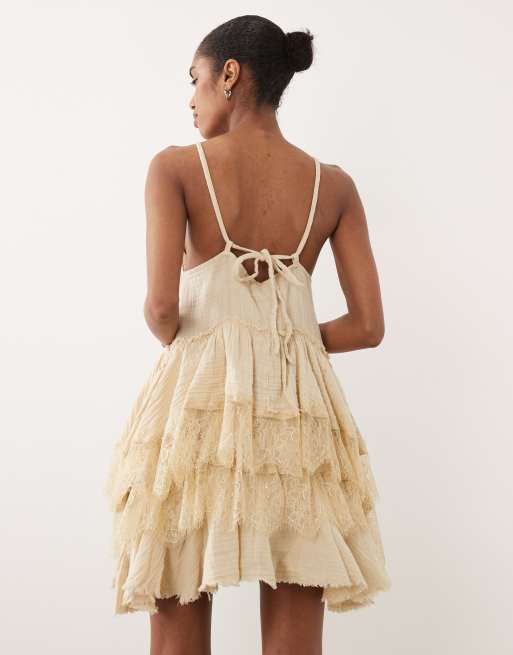 ASOS DESIGN double cloth washed mini sundress with distressed ruffles and lace panels in tea stained wash , 3 of 4