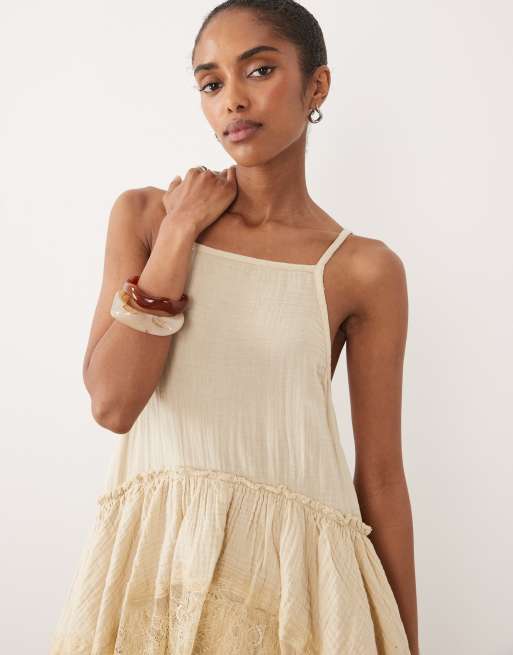 ASOS DESIGN double cloth washed mini sundress with distressed ruffles and lace panels in tea stained wash , 4 of 4