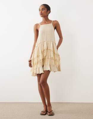 Asos Design Double Cloth Washed Mini Sundress With Distressed Ruffles In Neutral