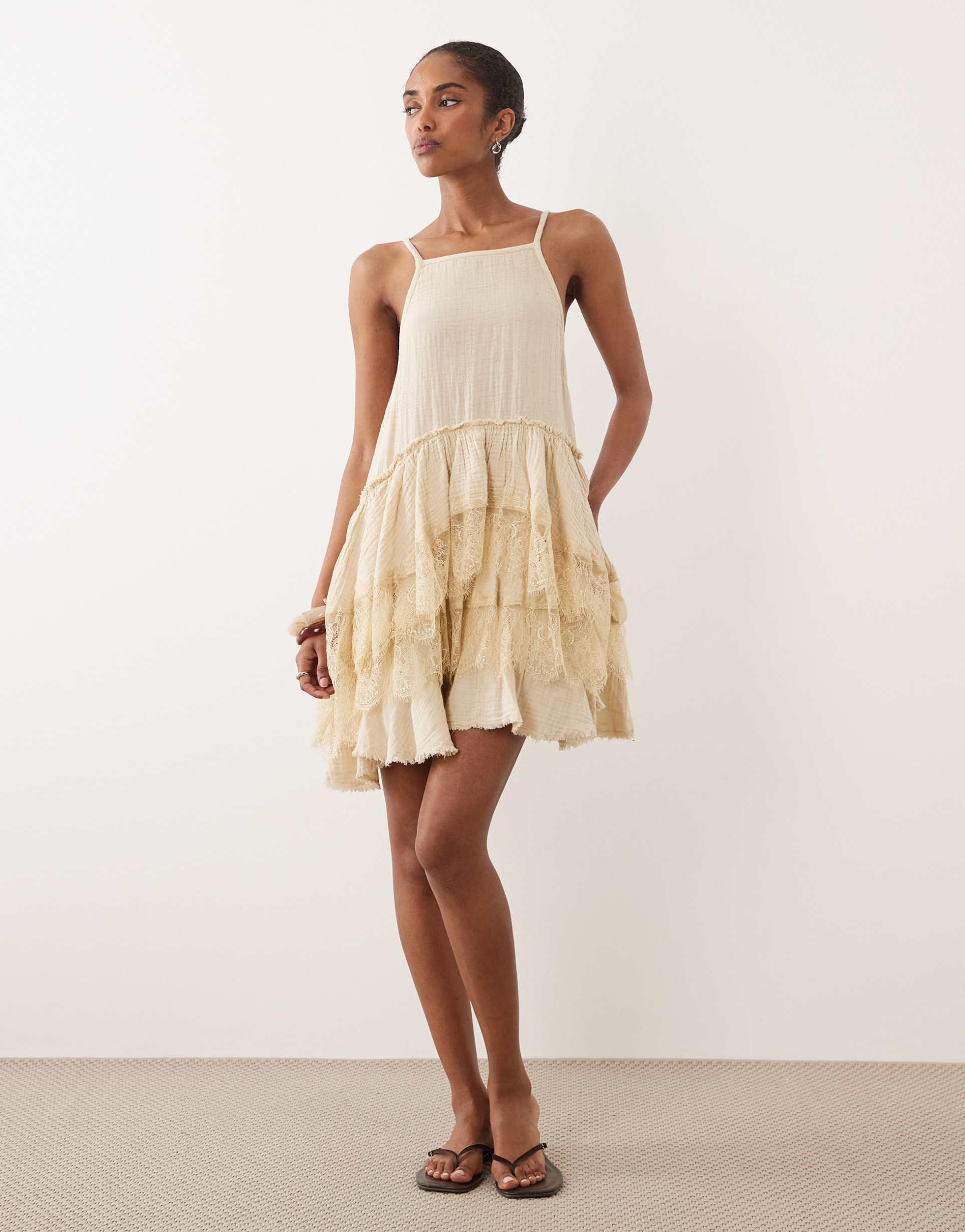 asos design double cloth washed mini sundress with distressed ruffles in tea stained wash