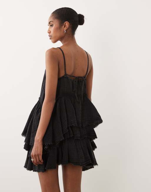 ASOS DESIGN double cloth washed mini sundress with distressed ruffles in washed black , 4 of 4