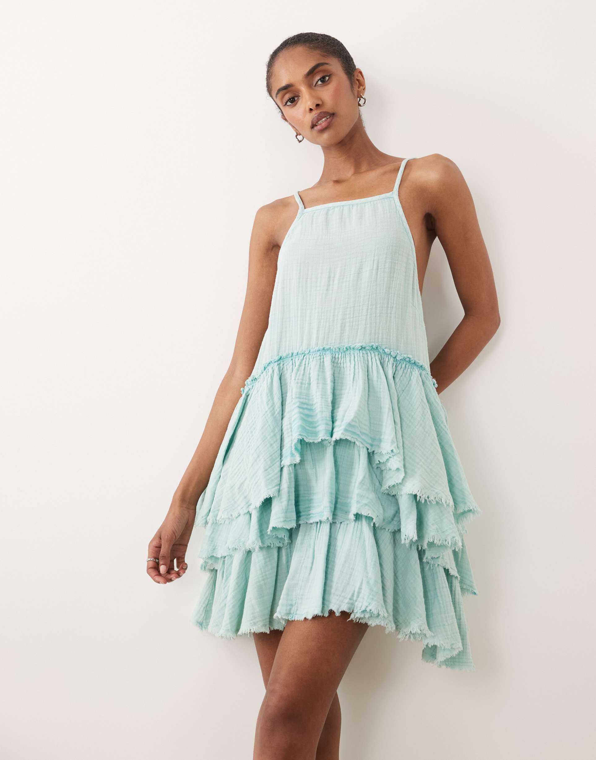 asos design double cloth washed mini sundress with distressed ruffles in washed ocean blue