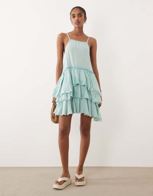 ASOS DESIGN double cloth washed mini sundress with distressed ruffles in washed ocean blue , 2 of 4