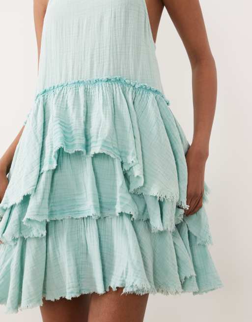 ASOS DESIGN double cloth washed mini sundress with distressed ruffles in washed ocean blue , 3 of 4