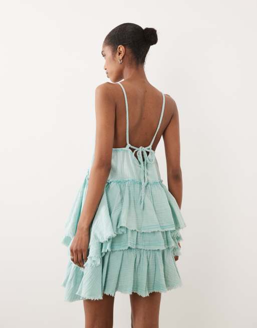 ASOS DESIGN double cloth washed mini sundress with distressed ruffles in washed ocean blue , 4 of 4