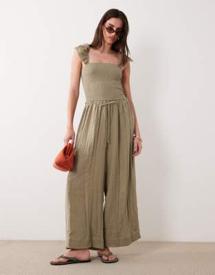 Asos Design Double Cloth Wide Leg Jumpsuit In Brown