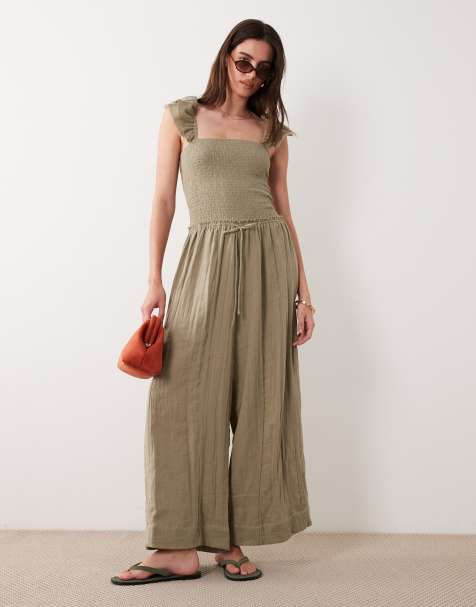 ASOS DESIGN double cloth wide leg jumpsuit in khaki green - view 1