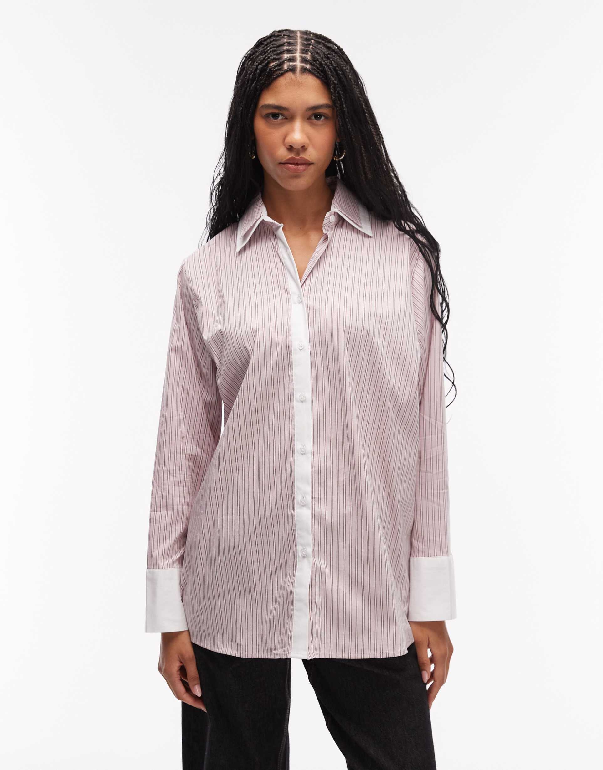 asos design double collar oversized shirt in pink stripe