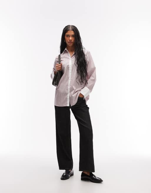 ASOS DESIGN double collar oversized shirt in pink stripe, 3 of 4