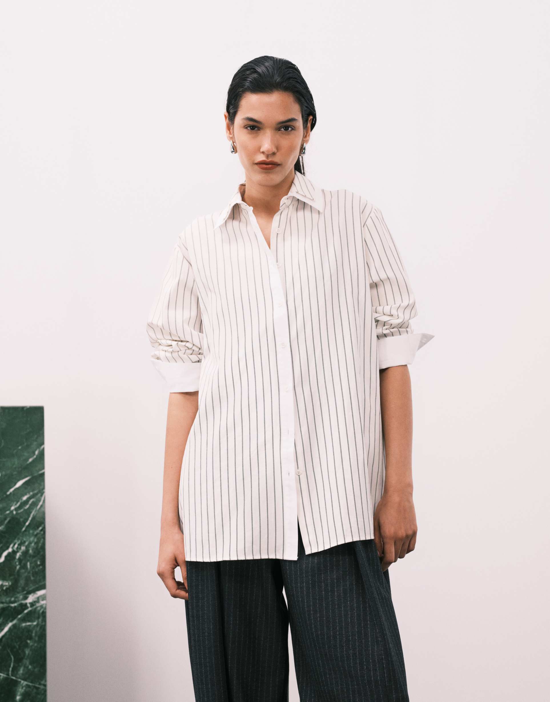 asos design double collar oversized shirt in pinstripe