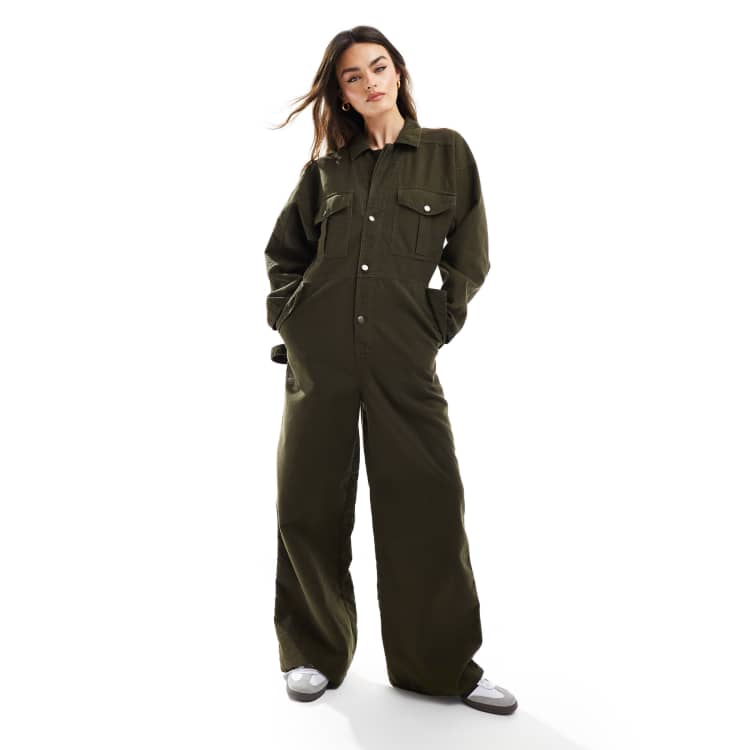 ASOS DESIGN double collar utility boilersuit in premium cloth with turned pants cuff in khaki ASOS