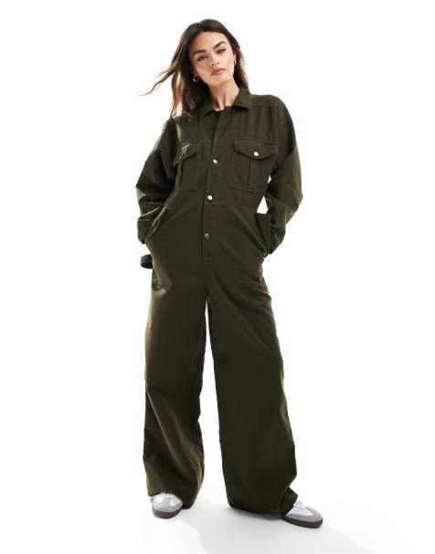 ASOS DESIGN double collar utility boilersuit in premium cloth with turned pants cuff in olive - view 1