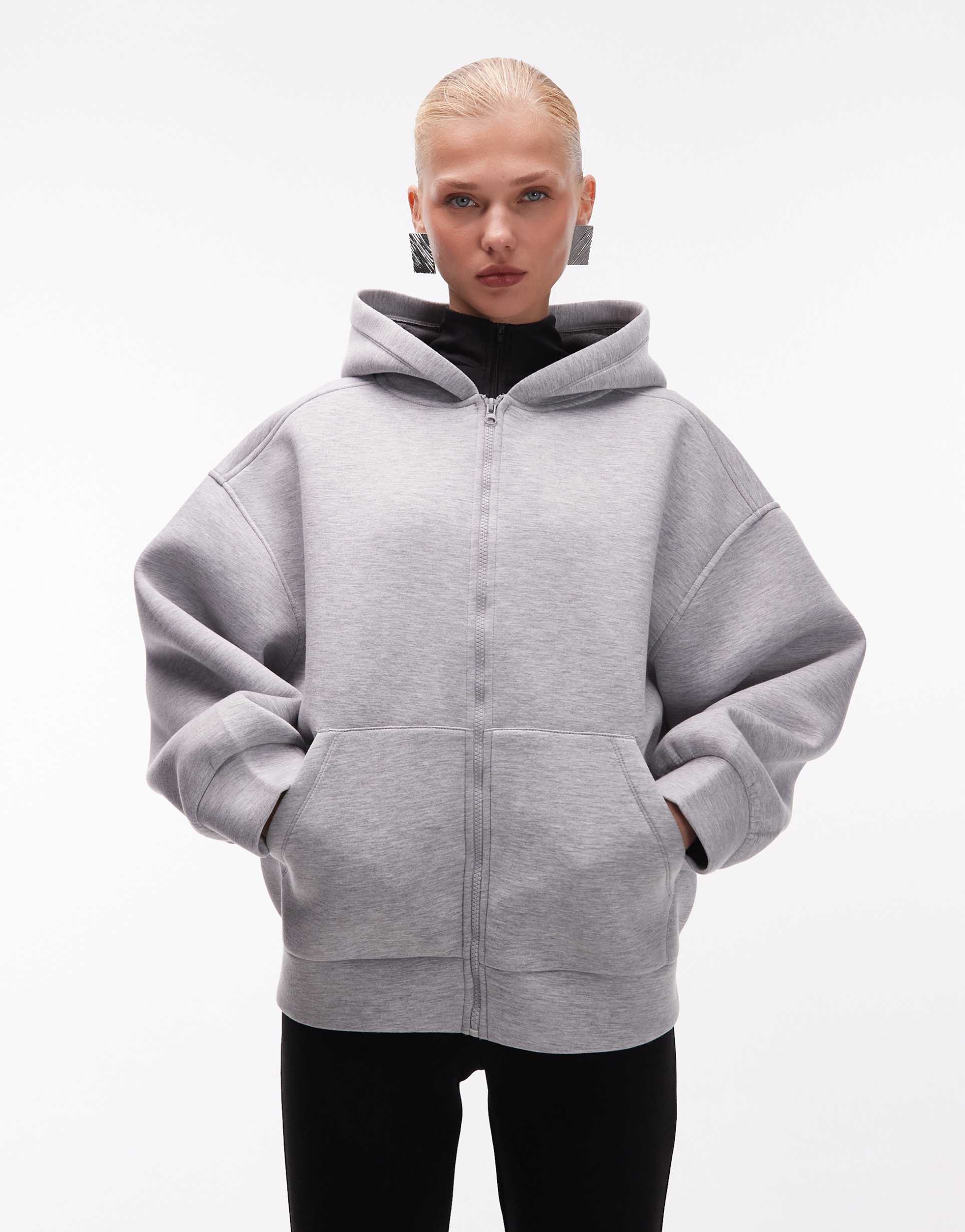 asos design double face oversized zip up hoodie in gray scuba-style fabric