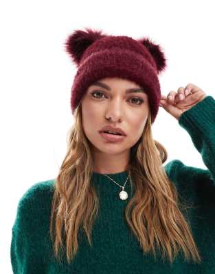 double faux fur pom beanie in burgundy-Red