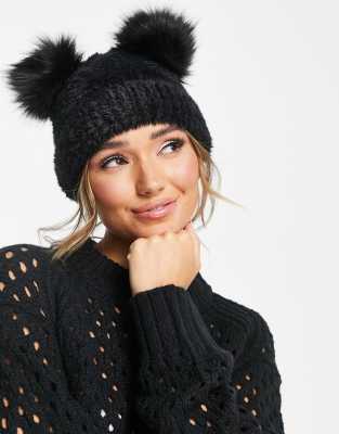 ASOS DESIGN ASOS DESIGN double faux fur pom beanie in fluffy black