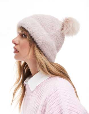 ASOS DESIGN ASOS DESIGN double faux fur pom beanie in mink-Pink