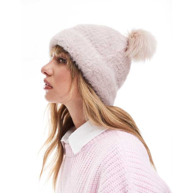 ASOS DESIGN double faux fur pom beanie in mink