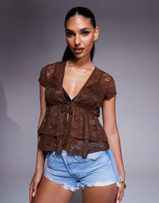 Asos Design Double Frill Tie Front Sheer Lace Festival Top