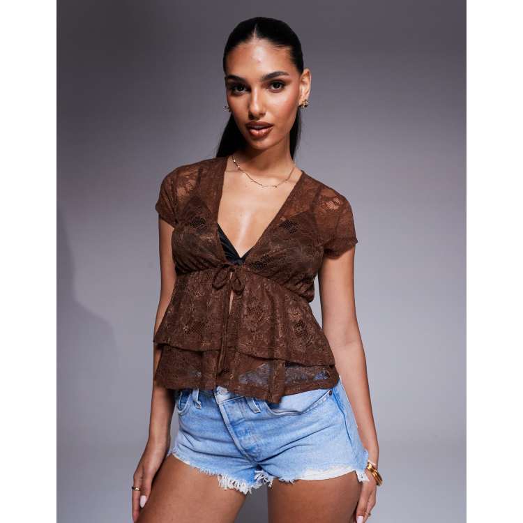 ASOS DESIGN double frill tie front sheer lace festival top in