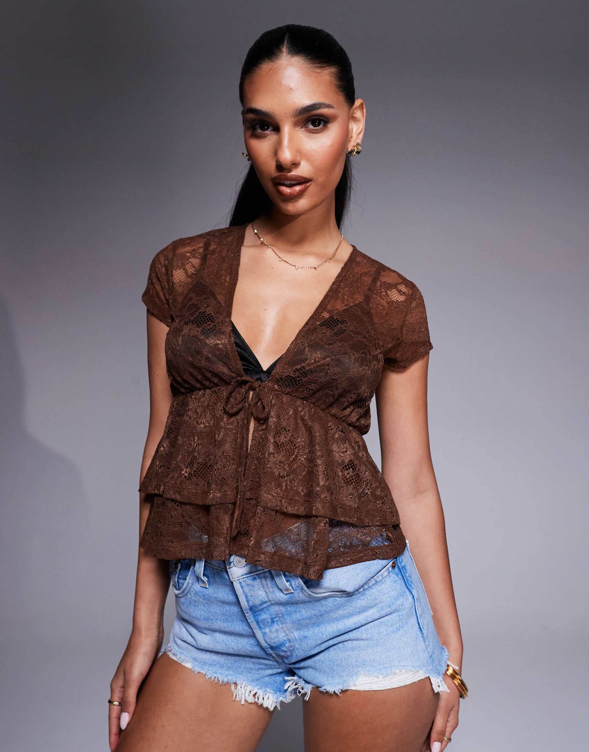 asos design double frill tie front sheer lace festival top in brown