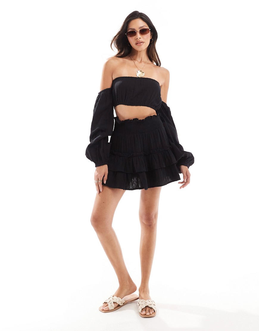 ASOS DESIGN double gauze ra-ra mini beach skirt co-ord in black - BLACK