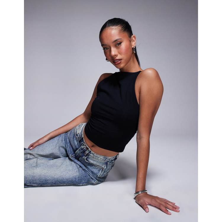 ASOS DESIGN double layer 90s boat neck strappy top in black | ASOS