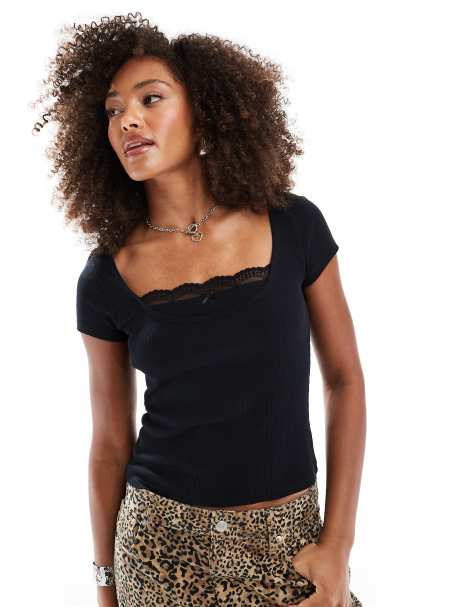 ASOS DESIGN double layer baby tee with lace and bow detail in black - view 1