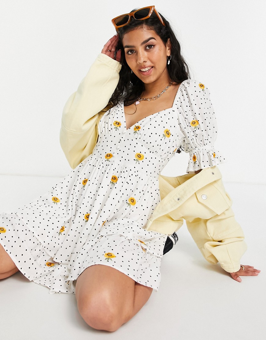 ASOS DESIGN double layer babydoll mini dress in spot print with sunflower embroidery-Multi