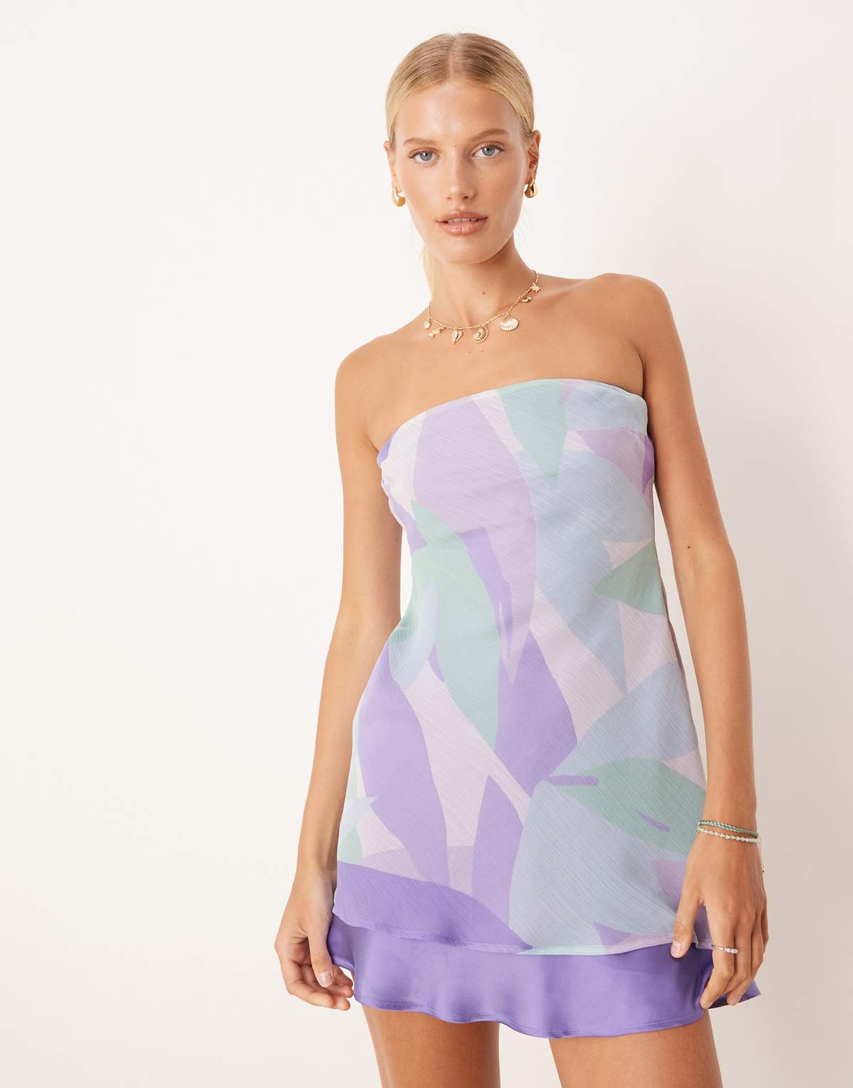 ASOS DESIGN double layer bandeau mini dress in purple abstract