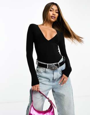 double layer bodysuit with shoulder pads in black