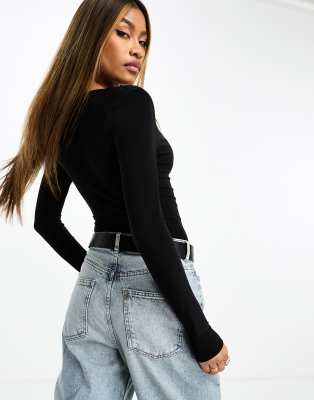 Asos Design Double Layer Bodysuit With Shoulder Pads In Black