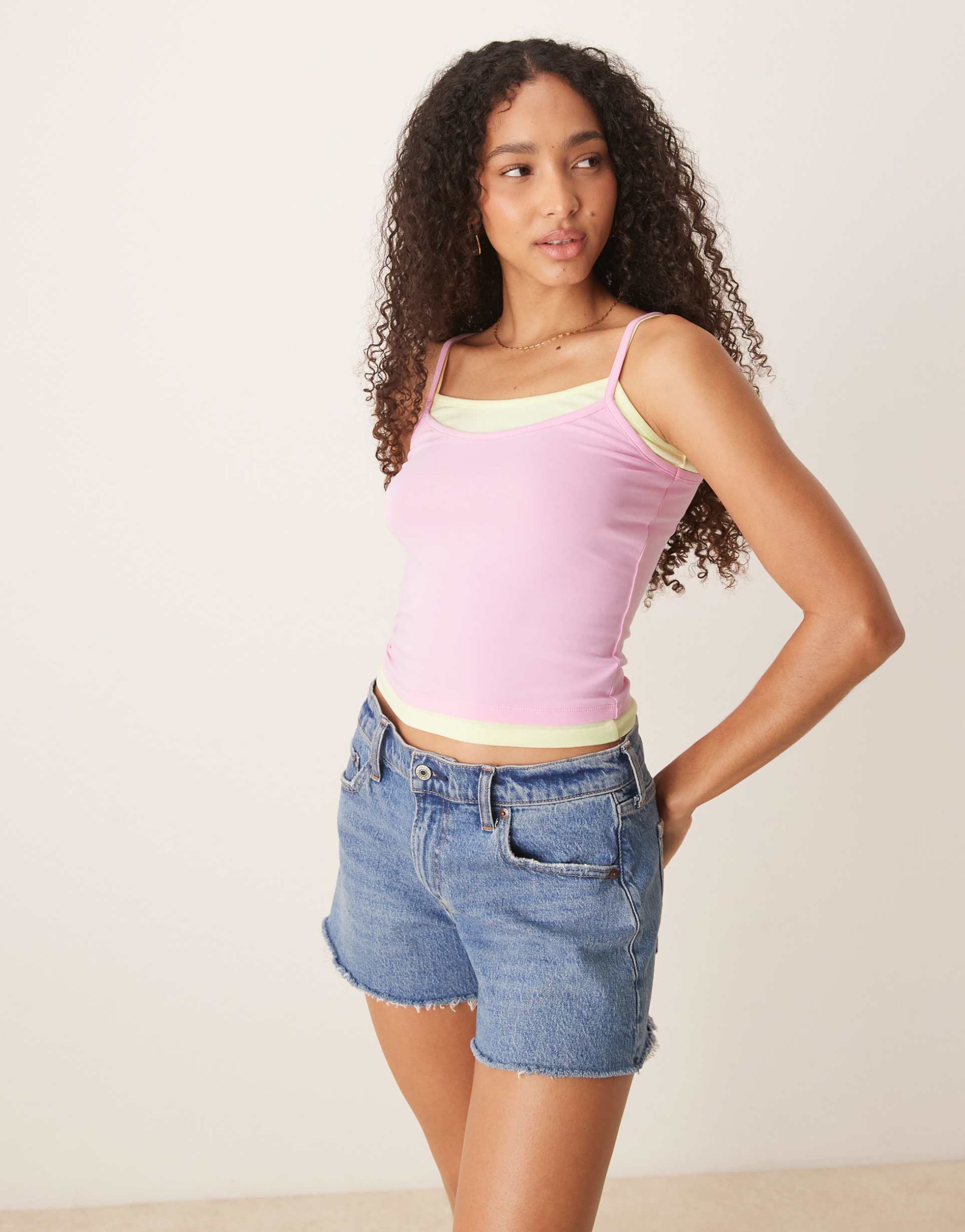 asos design double layer cami in pink and yellow