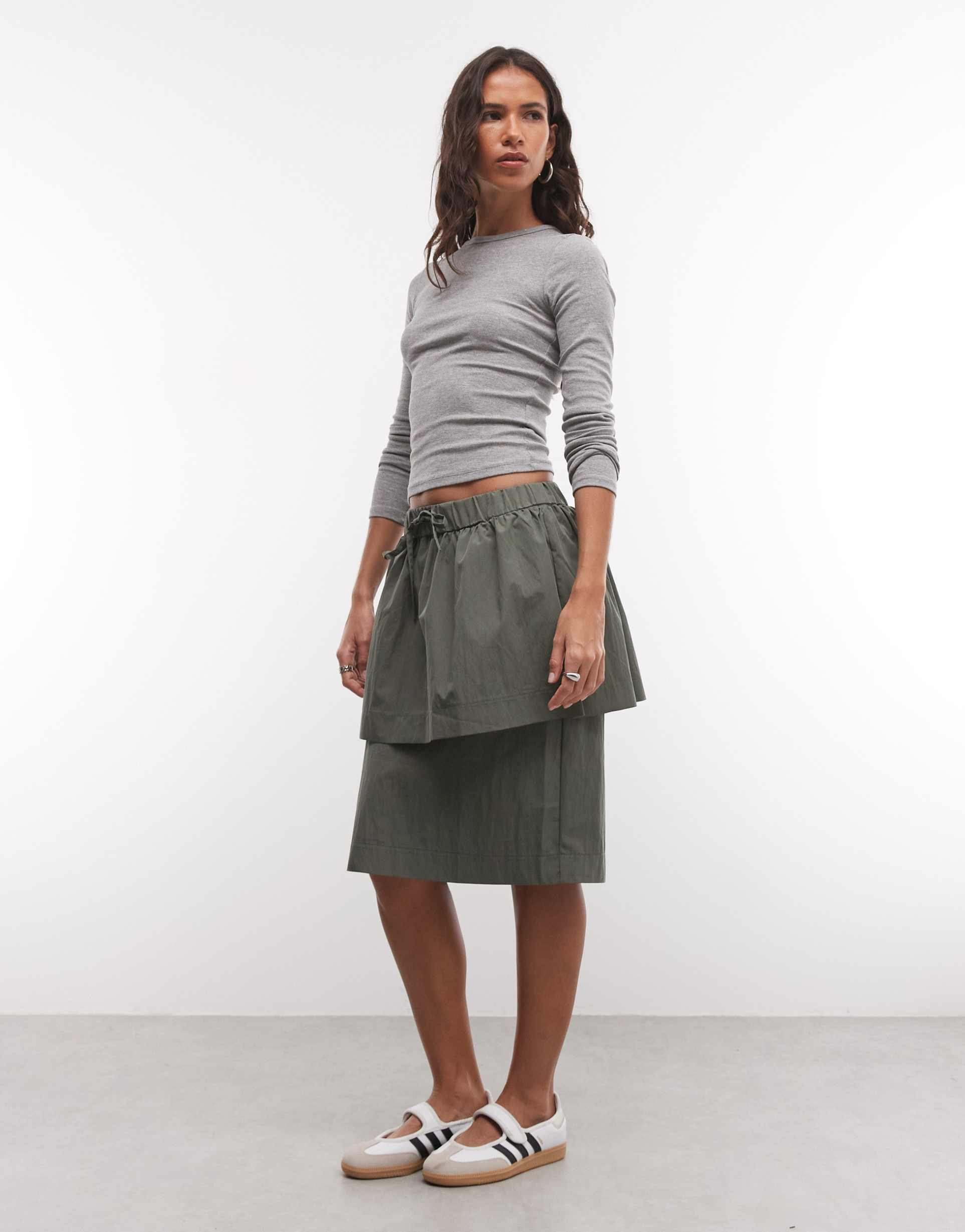 asos design double layer cargo pencil skirt in khaki green