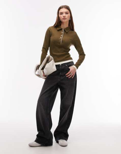 ASOS DESIGN double layer collared button front polo top in khaki and cream - view 1