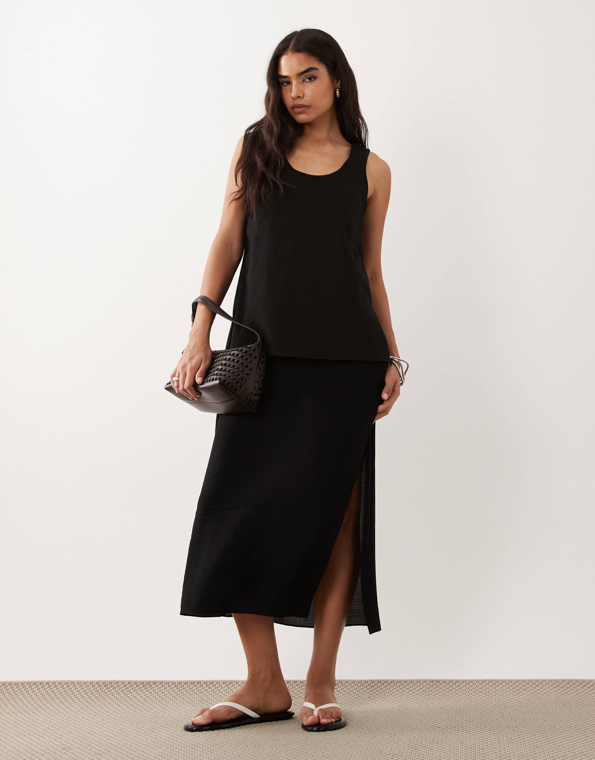 asos design double layer column midi dress in black