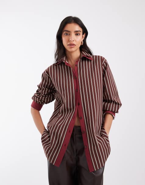 ASOS DESIGN double layer contrast collar oversized shirt in brown stripe - view 1