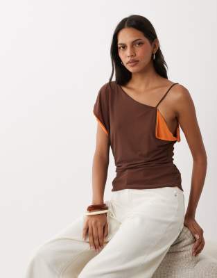 Asos Design Double Layer Contrast Mesh Asymmetric Tank Top In Brown