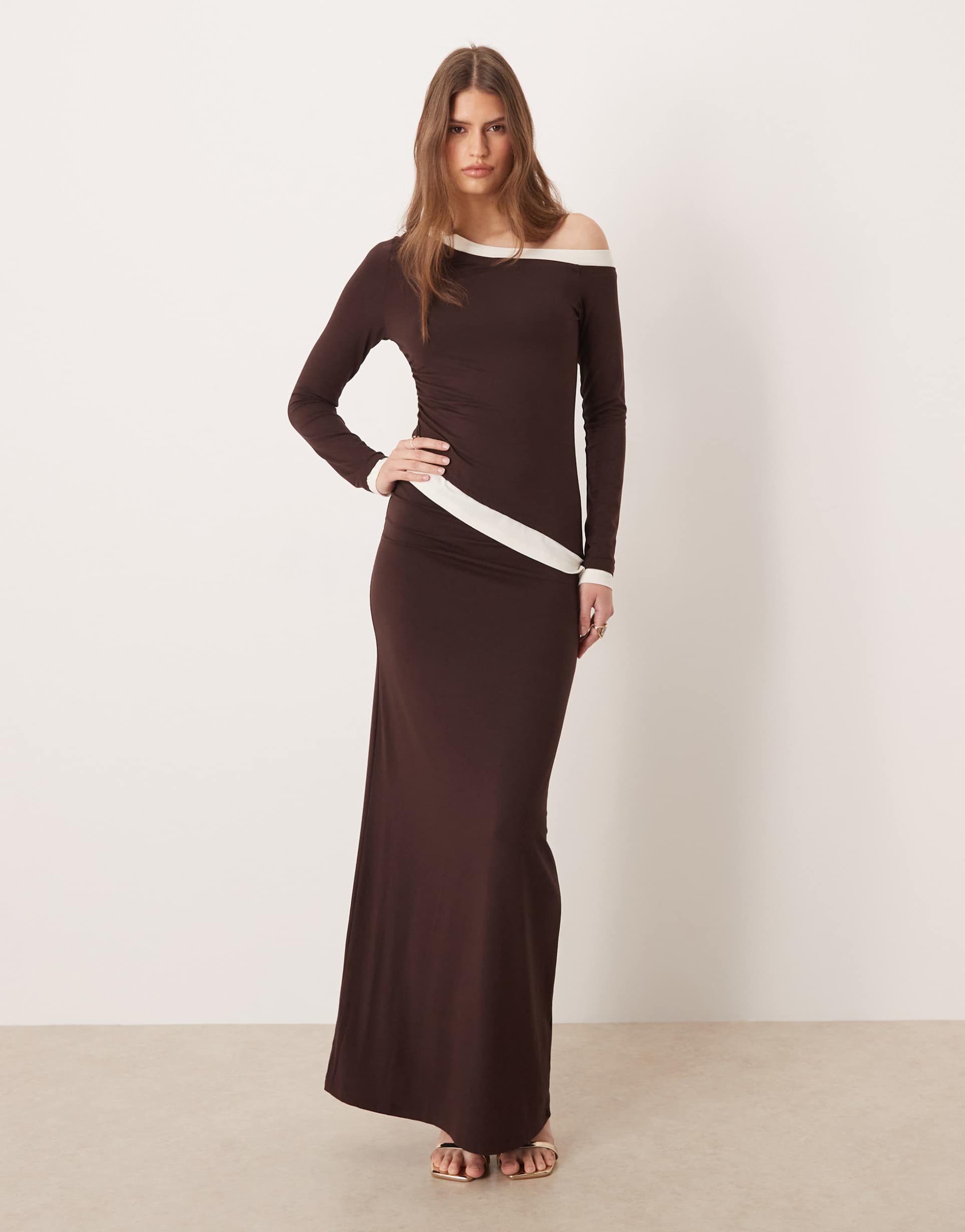 asos design double layer detailing slinky asymmetric maxi dress in chocolate