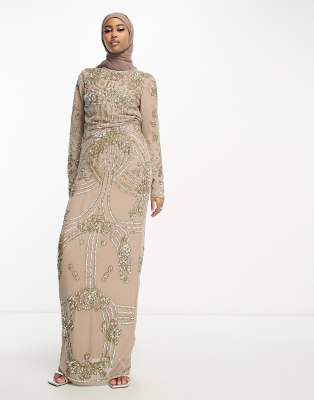 asos design maxi dress with art nouveau embellishment ASOS DESIGN statement embellished textured plunge maxi dress with mixed  sequins in green Masa: 36 Sale: 39,99