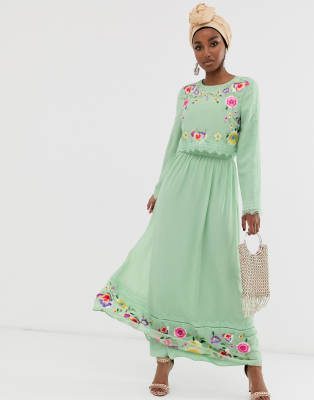 asos green embroidered dress