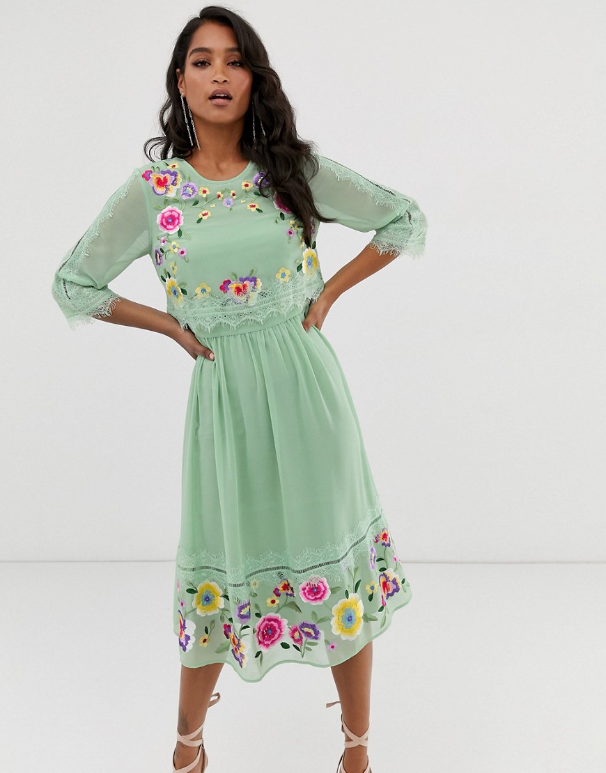 ASOS DESIGN double layer embroidered midi dress in sage green