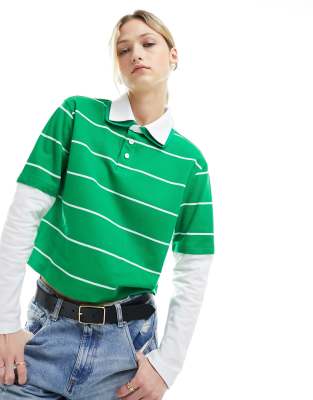 Asos Design Double Layer Fitted Striped Rugby Top In Green And White In Gold