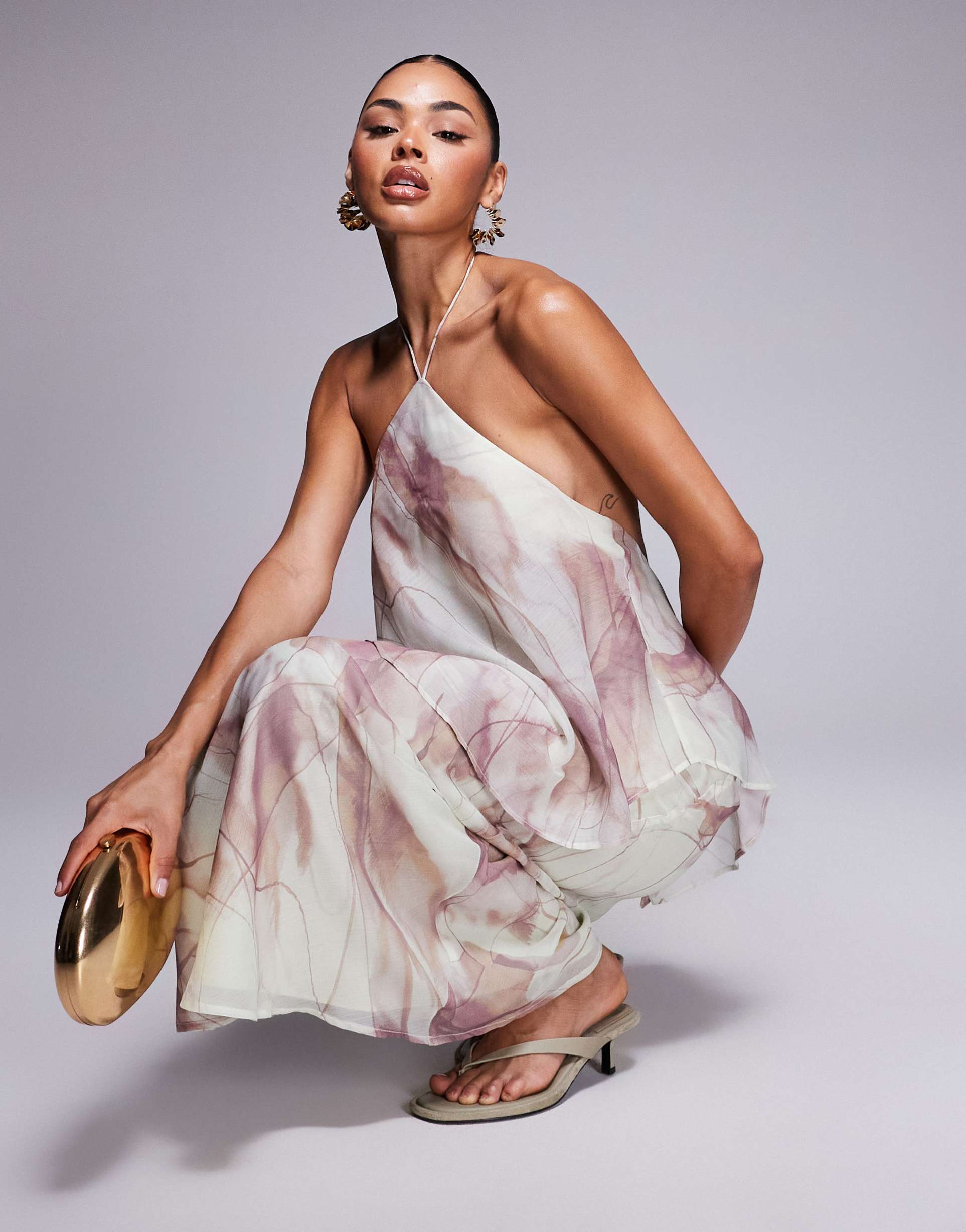 asos design double layer halter bias maxi dress in abstract print