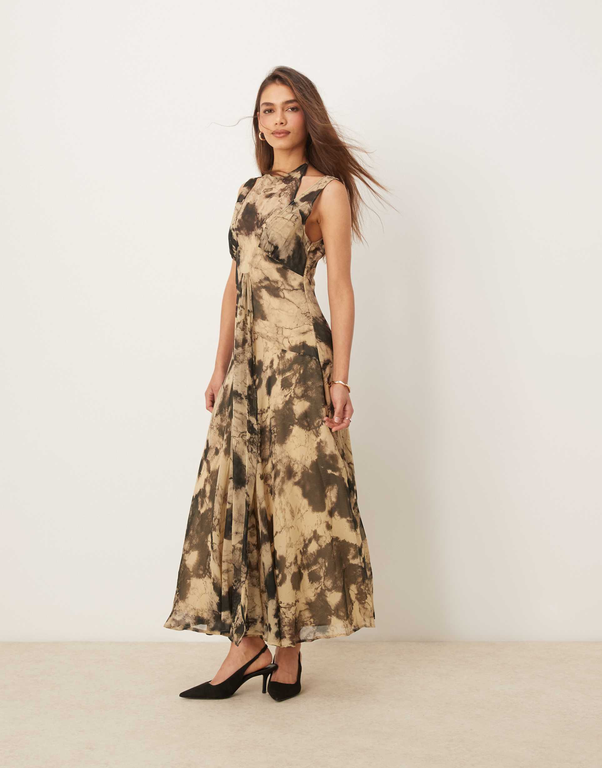 asos design double layer halter midi dress in mustard abstract print