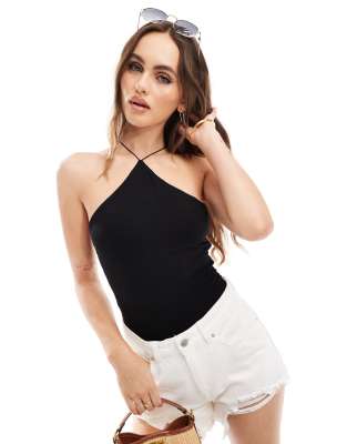 double layer halter spaghetti strap bodysuit in black